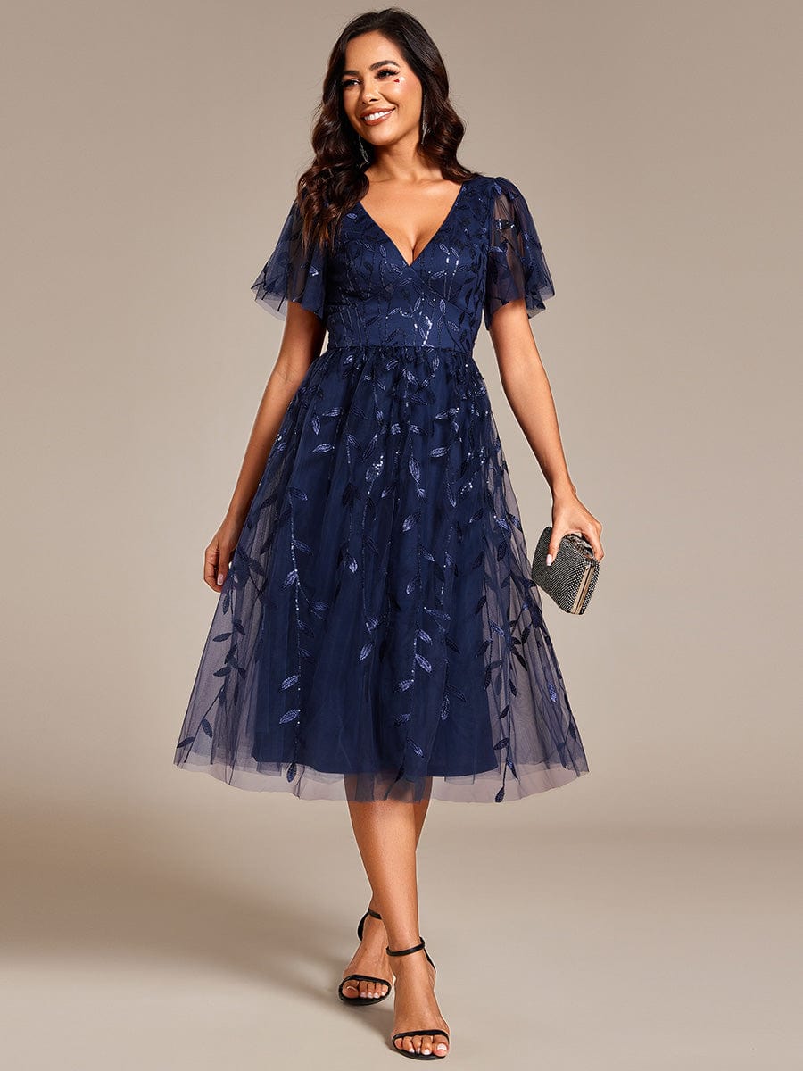 Leaf Sequin Short Sleeve Tulle Midi Wedding Guest Dress #color_Navy Blue