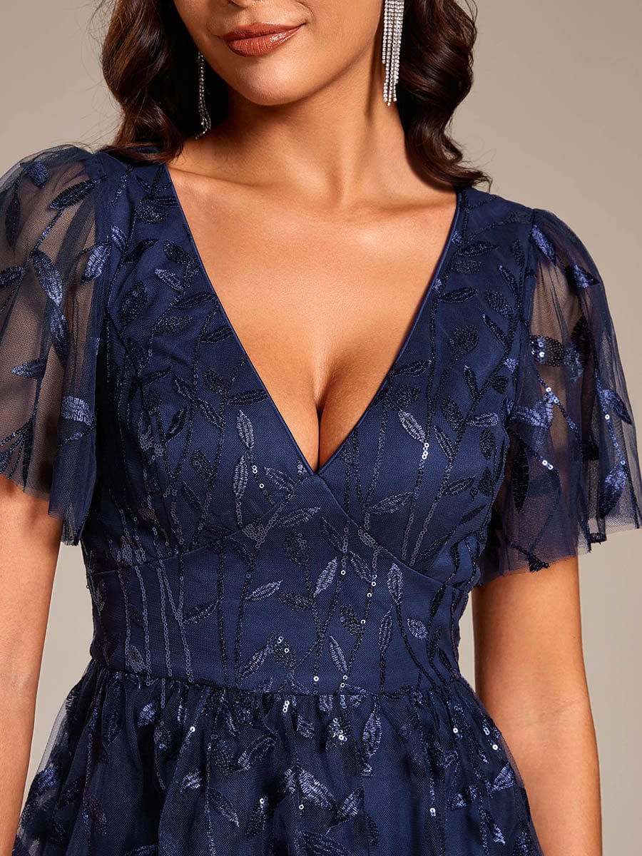 Leaf Sequin Short Sleeve Tulle Midi Wedding Guest Dress #color_Navy Blue