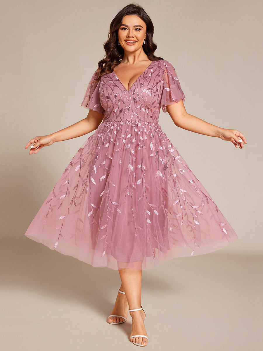 Plus SizeLeaf Sequin Short Sleeve Tulle Midi Wedding Guest Dress #color_Purple Orchid