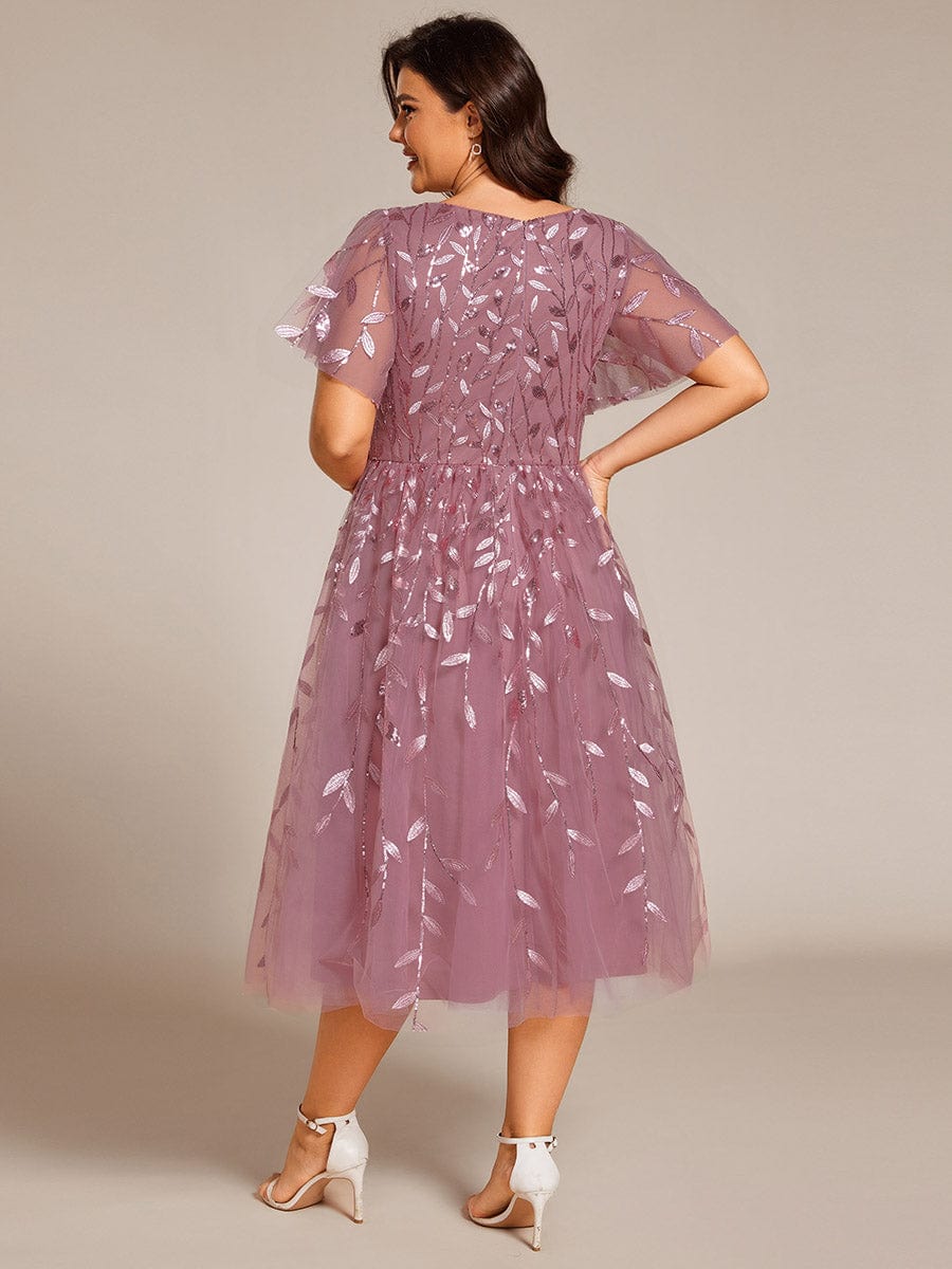 Plus SizeLeaf Sequin Short Sleeve Tulle Midi Wedding Guest Dress #color_Purple Orchid