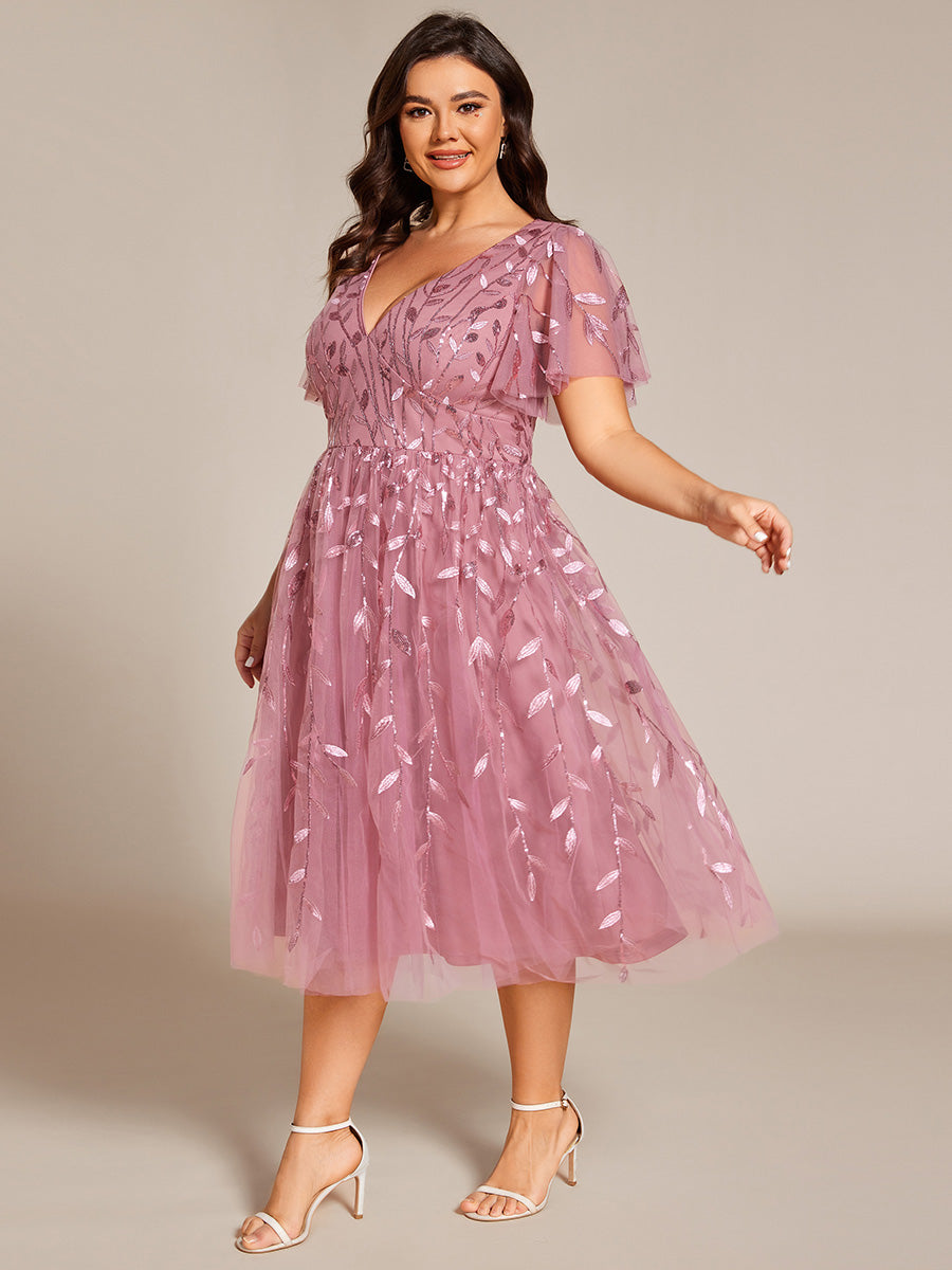 Plus SizeLeaf Sequin Short Sleeve Tulle Midi Wedding Guest Dress #color_Purple Orchid