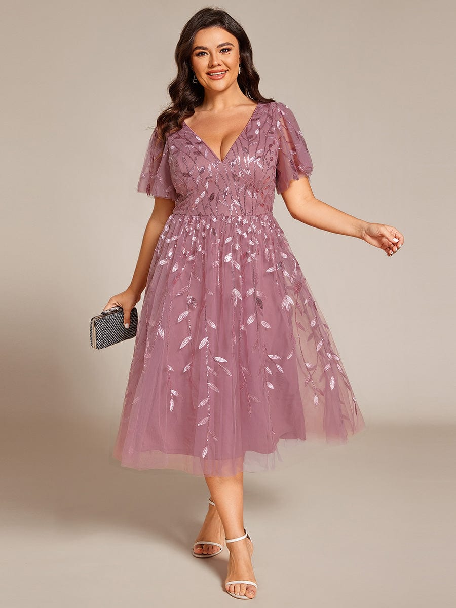 Plus SizeLeaf Sequin Short Sleeve Tulle Midi Wedding Guest Dress #color_Purple Orchid