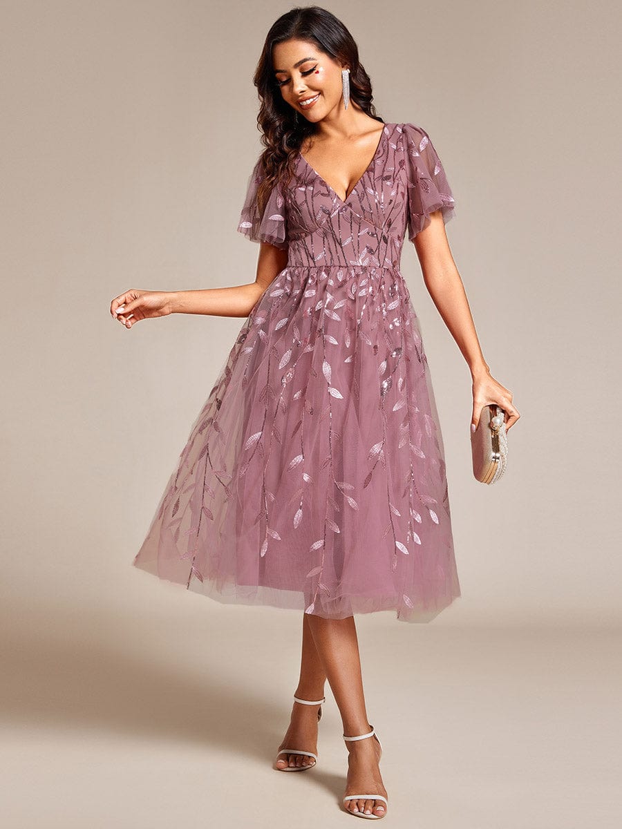 Leaf Sequin Short Sleeve Tulle Midi Wedding Guest Dress #color_Purple Orchid