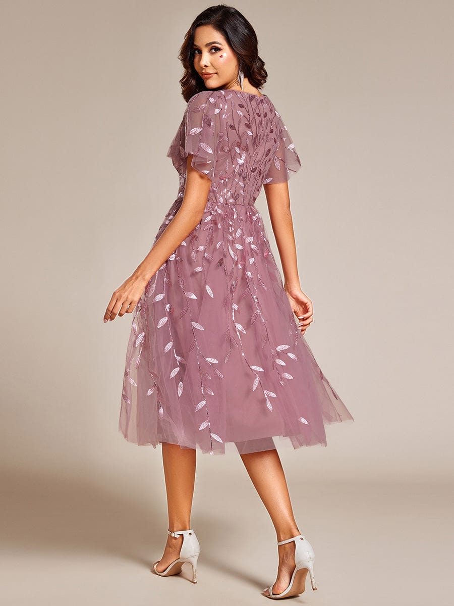 Leaf Sequin Short Sleeve Tulle Midi Wedding Guest Dress #color_Purple Orchid