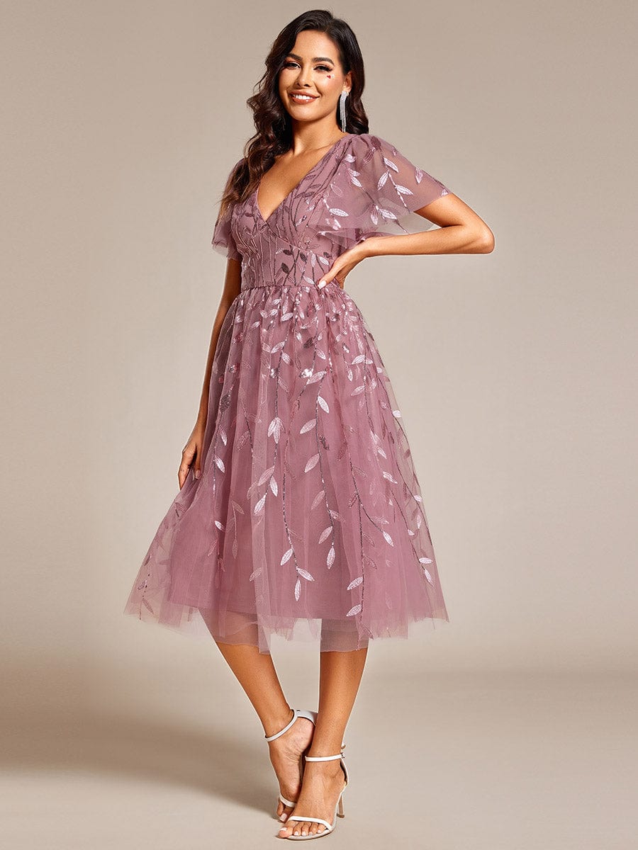 Leaf Sequin Short Sleeve Tulle Midi Wedding Guest Dress #color_Purple Orchid