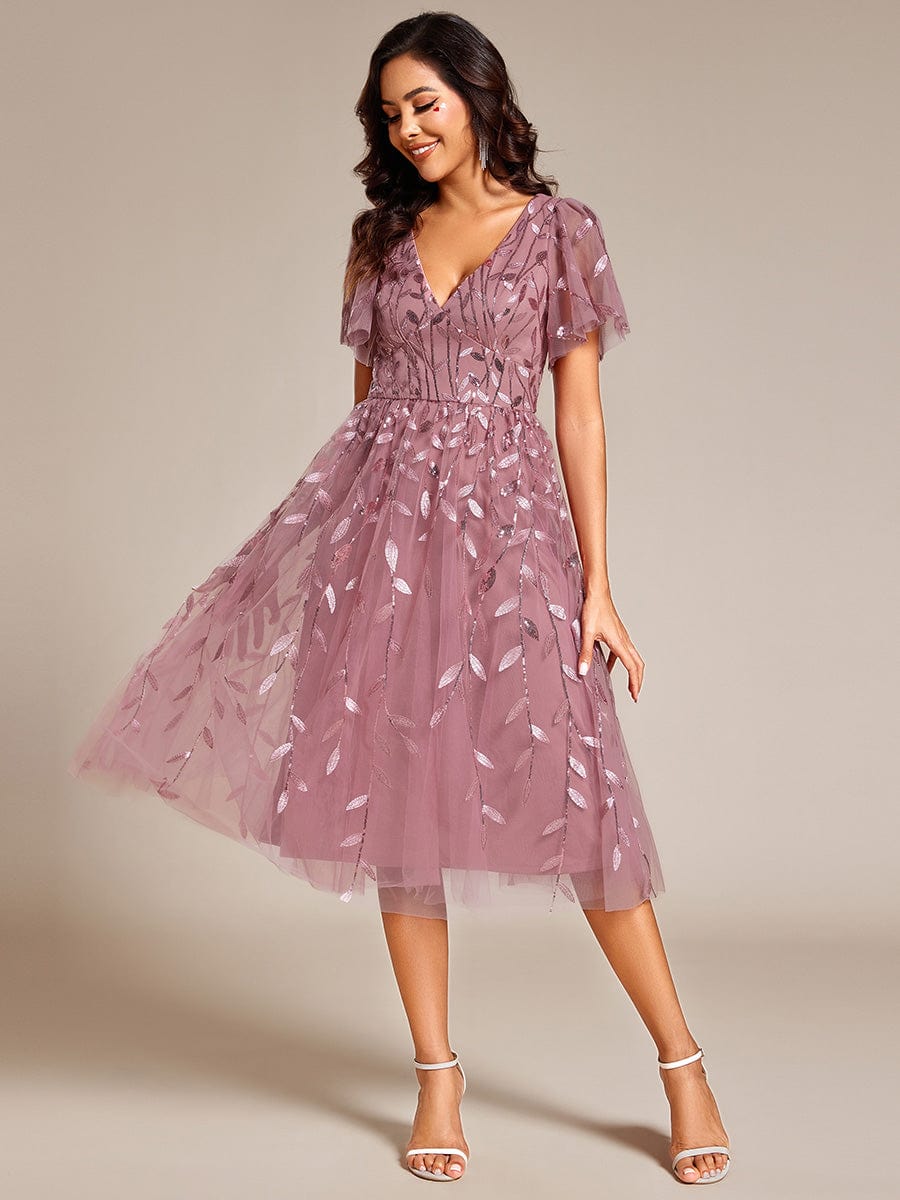 Leaf Sequin Short Sleeve Tulle Midi Wedding Guest Dress #color_Purple Orchid