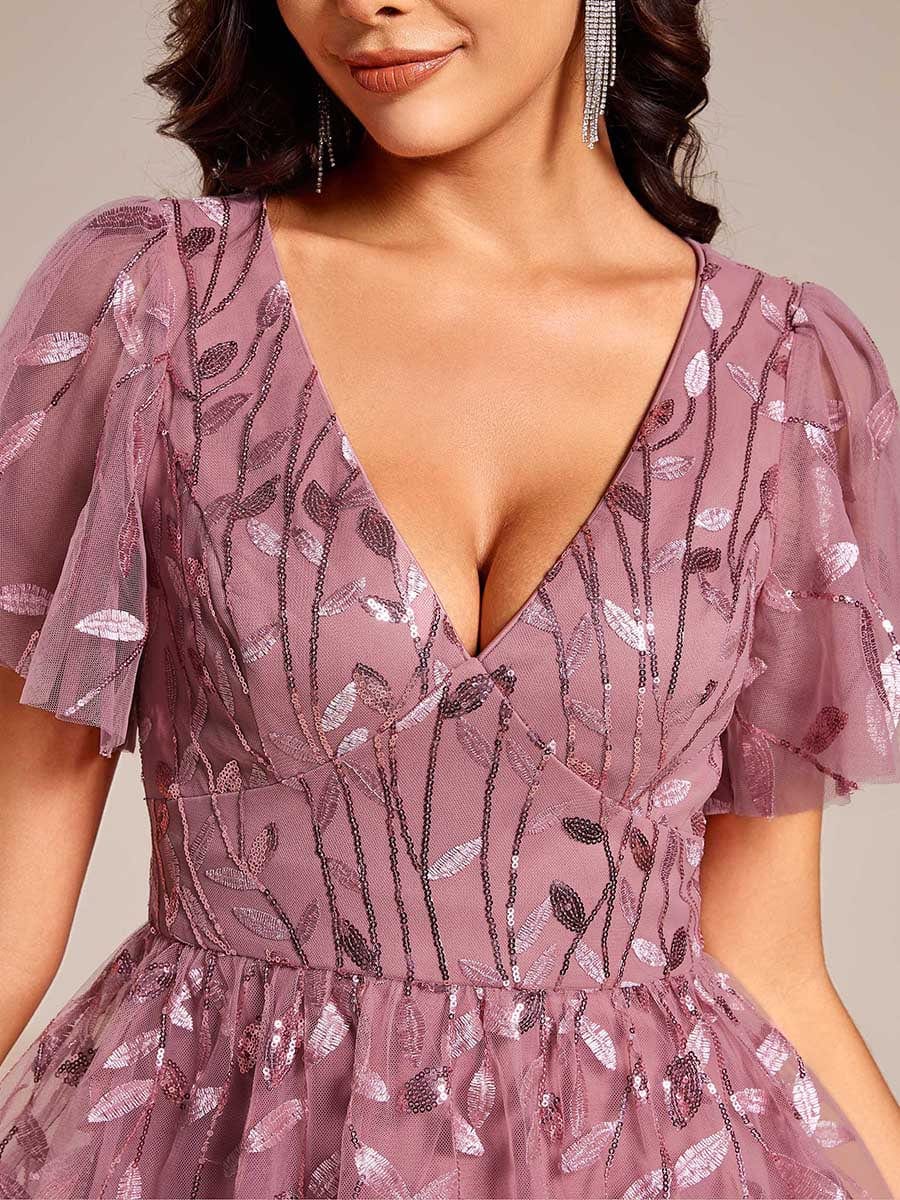 Leaf Sequin Short Sleeve Tulle Midi Wedding Guest Dress #color_Purple Orchid