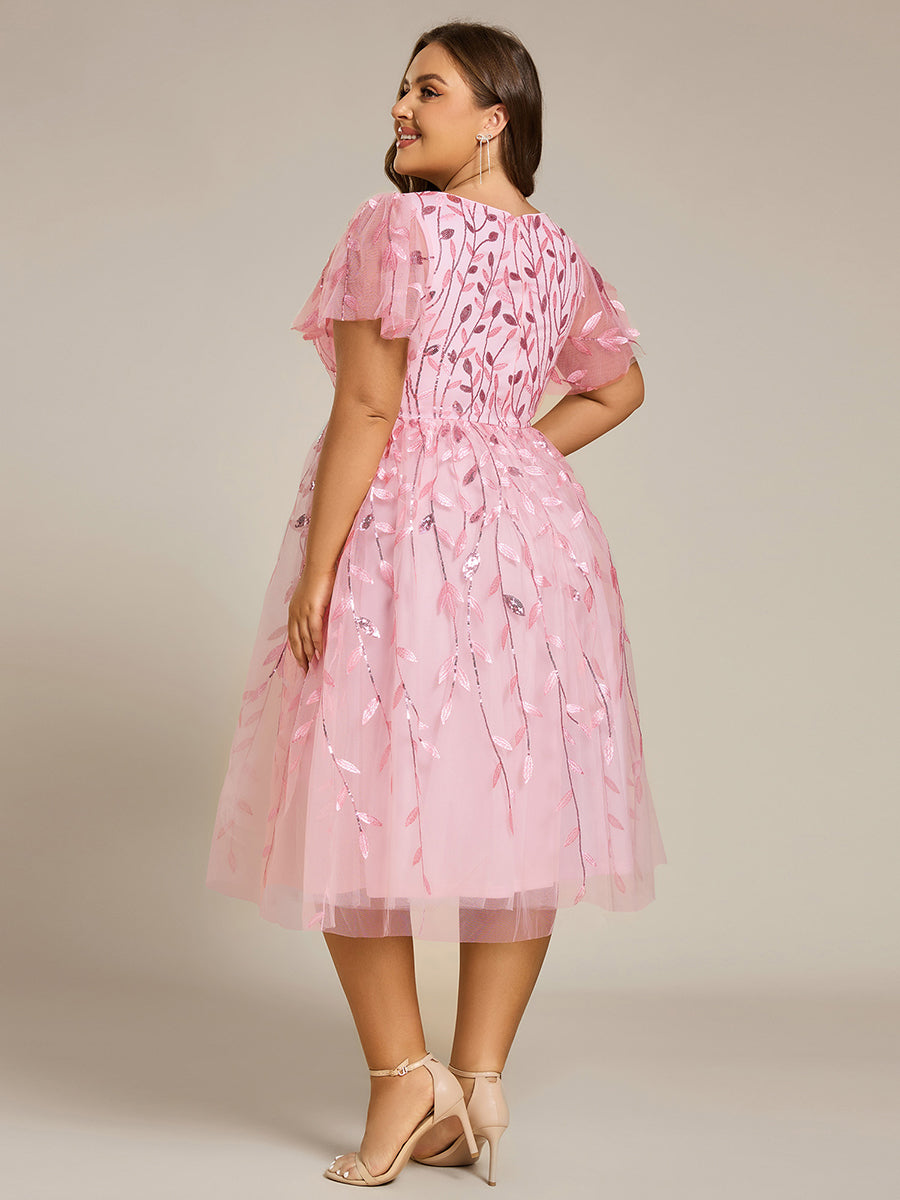 Leaf Sequin Short Sleeve Tulle Midi Wedding Guest Dress #color_Pink