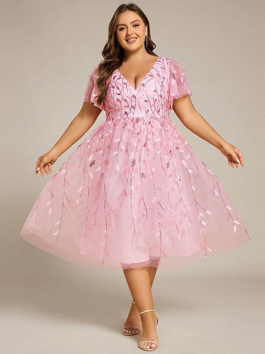 Leaf Sequin Short Sleeve Tulle Midi Wedding Guest Dress #color_Pink