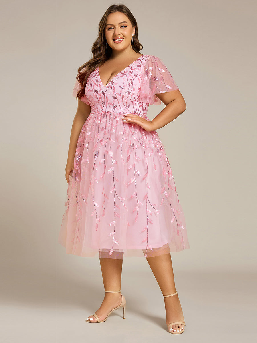 Leaf Sequin Short Sleeve Tulle Midi Wedding Guest Dress #color_Pink