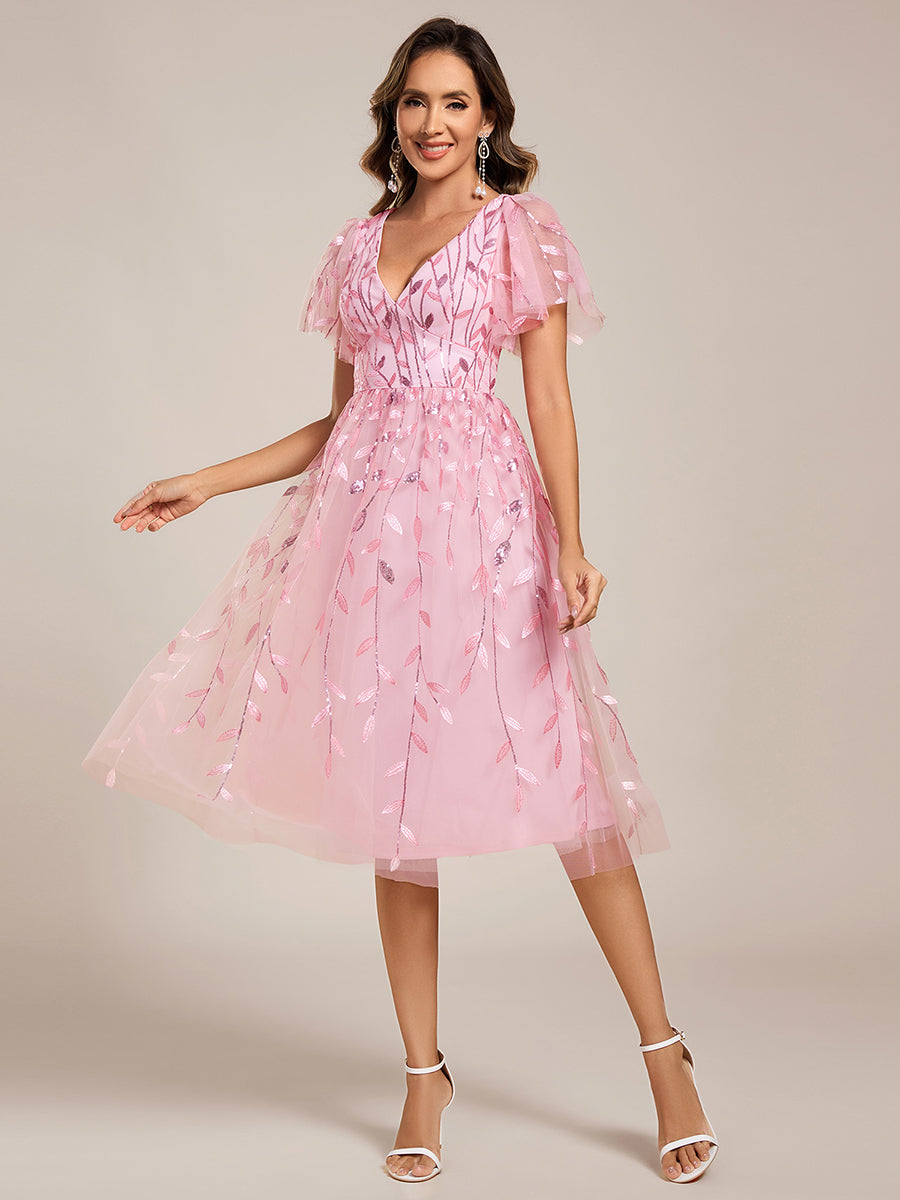 Leaf Sequin Short Sleeve Tulle Midi Wedding Guest Dress #color_Pink