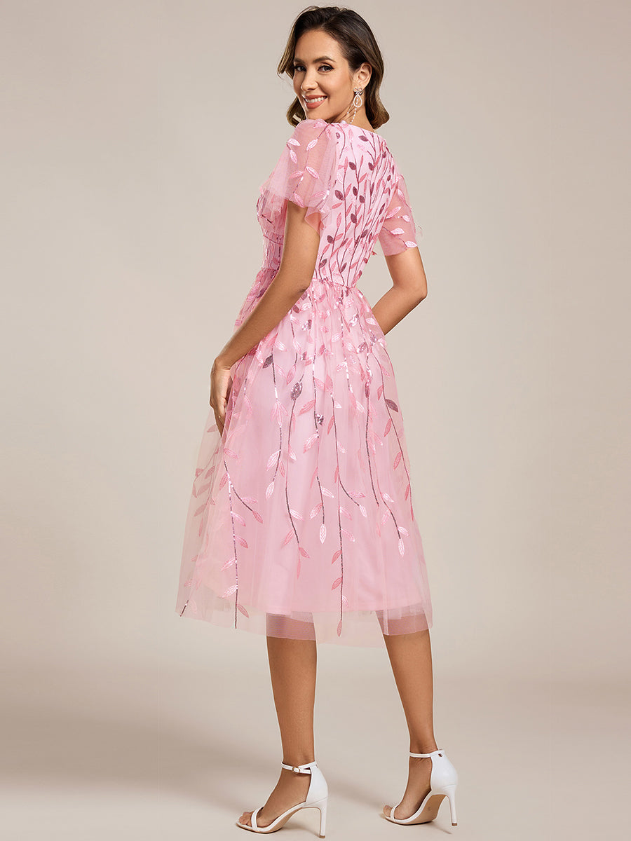 Leaf Sequin Short Sleeve Tulle Midi Wedding Guest Dress #color_Pink