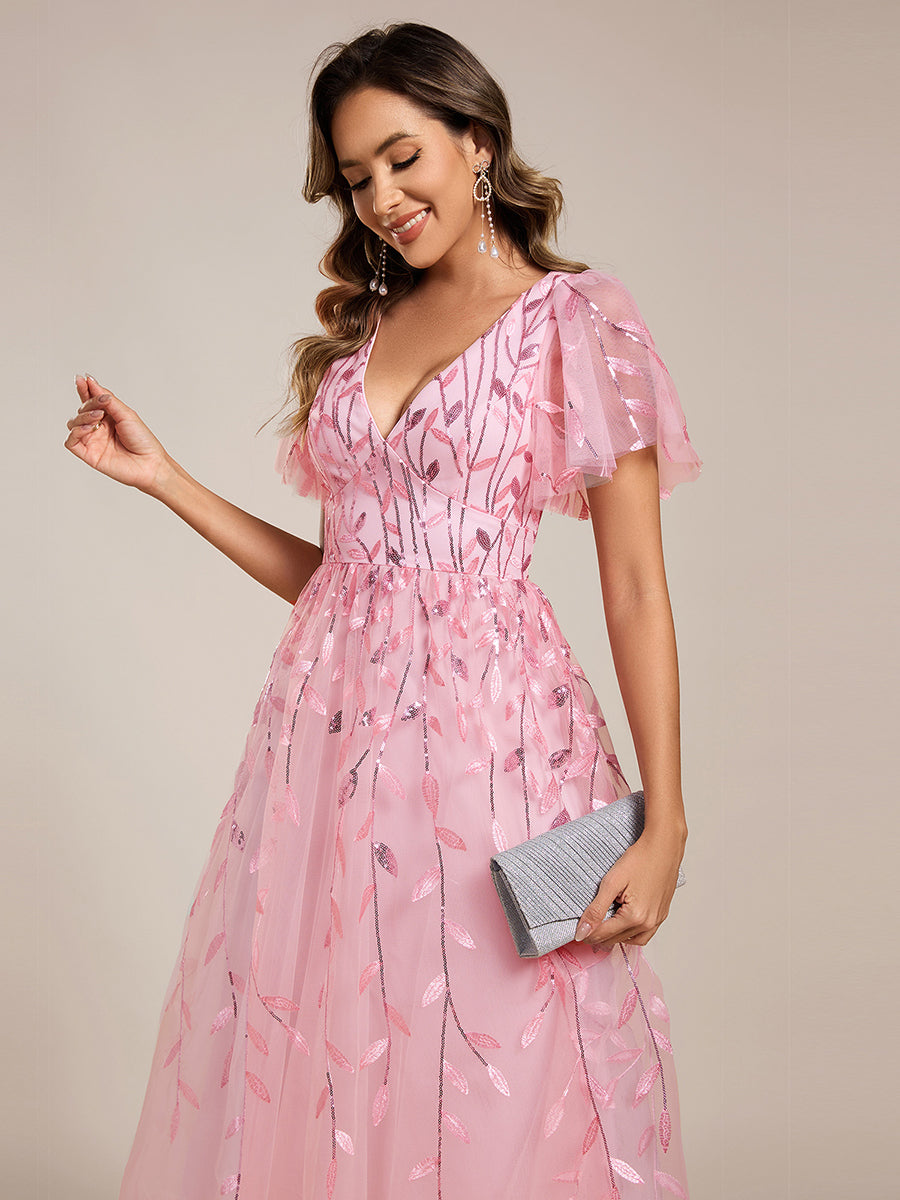 Leaf Sequin Short Sleeve Tulle Midi Wedding Guest Dress #color_Pink