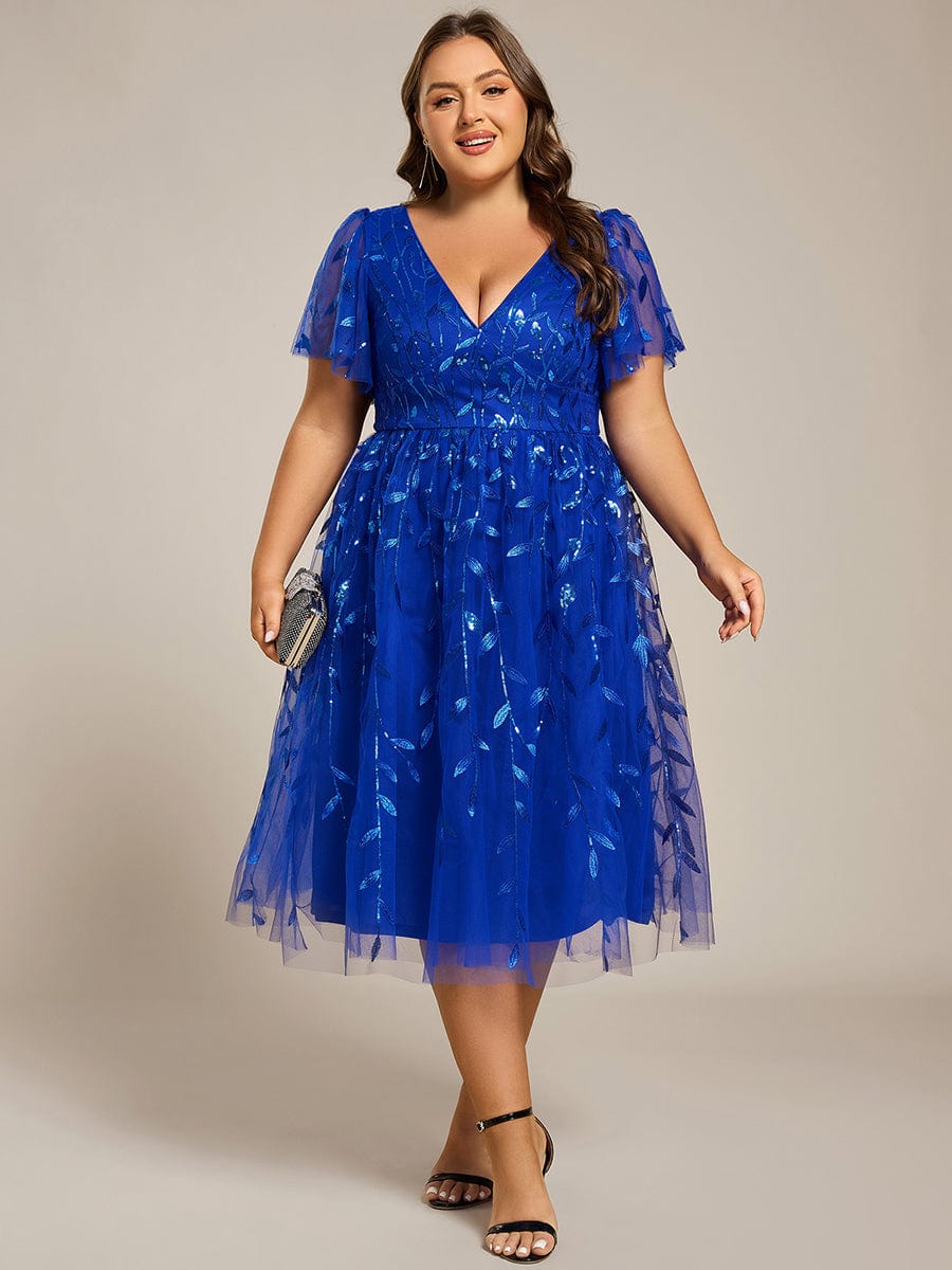 Leaf Sequin Short Sleeve Tulle Midi Wedding Guest Dress #color_Sapphire Blue