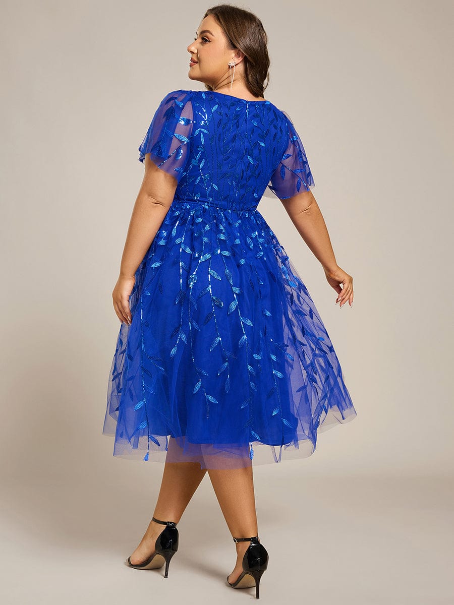 Leaf Sequin Short Sleeve Tulle Midi Wedding Guest Dress #color_Sapphire Blue