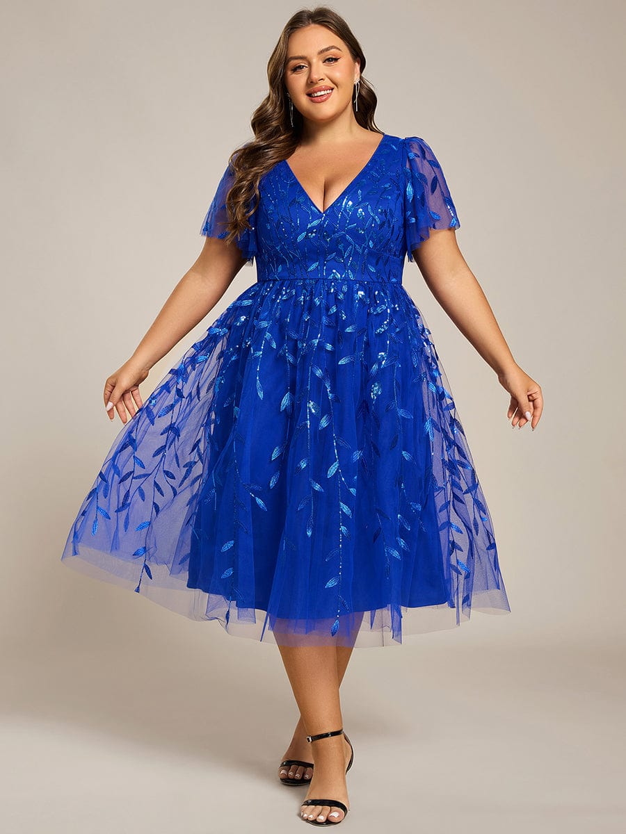 Leaf Sequin Short Sleeve Tulle Midi Wedding Guest Dress #color_Sapphire Blue