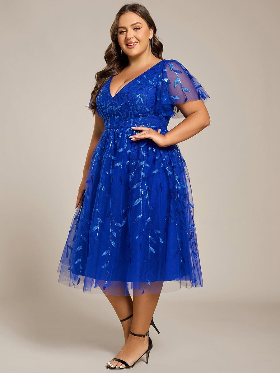 Leaf Sequin Short Sleeve Tulle Midi Wedding Guest Dress #color_Sapphire Blue