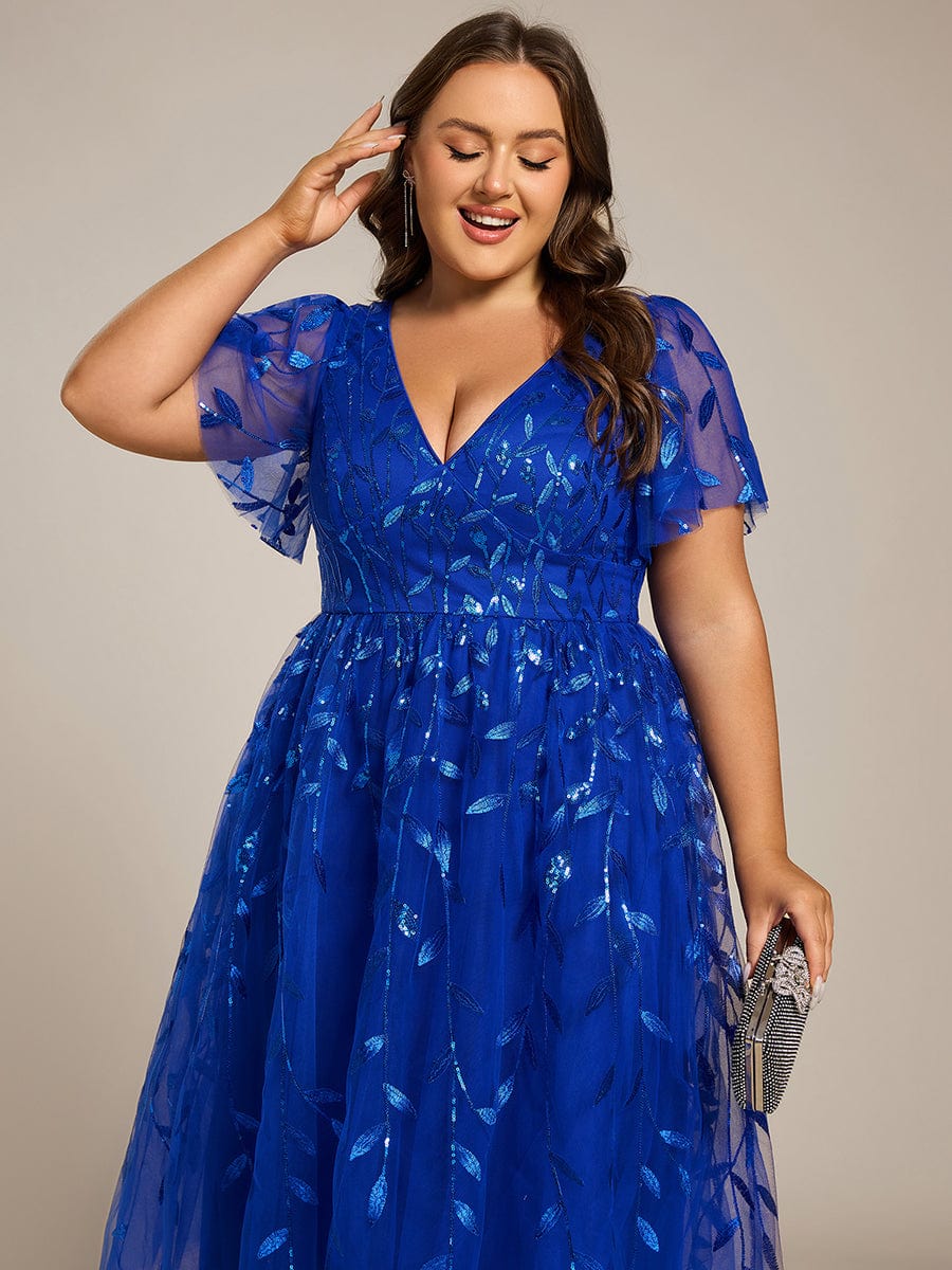 Leaf Sequin Short Sleeve Tulle Midi Wedding Guest Dress #color_Sapphire Blue