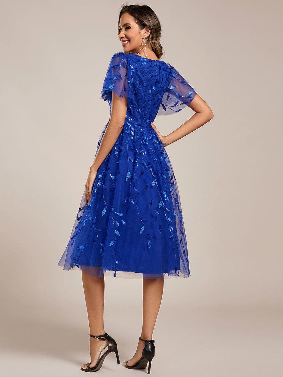 Leaf Sequin Short Sleeve Tulle Midi Wedding Guest Dress #color_Sapphire Blue