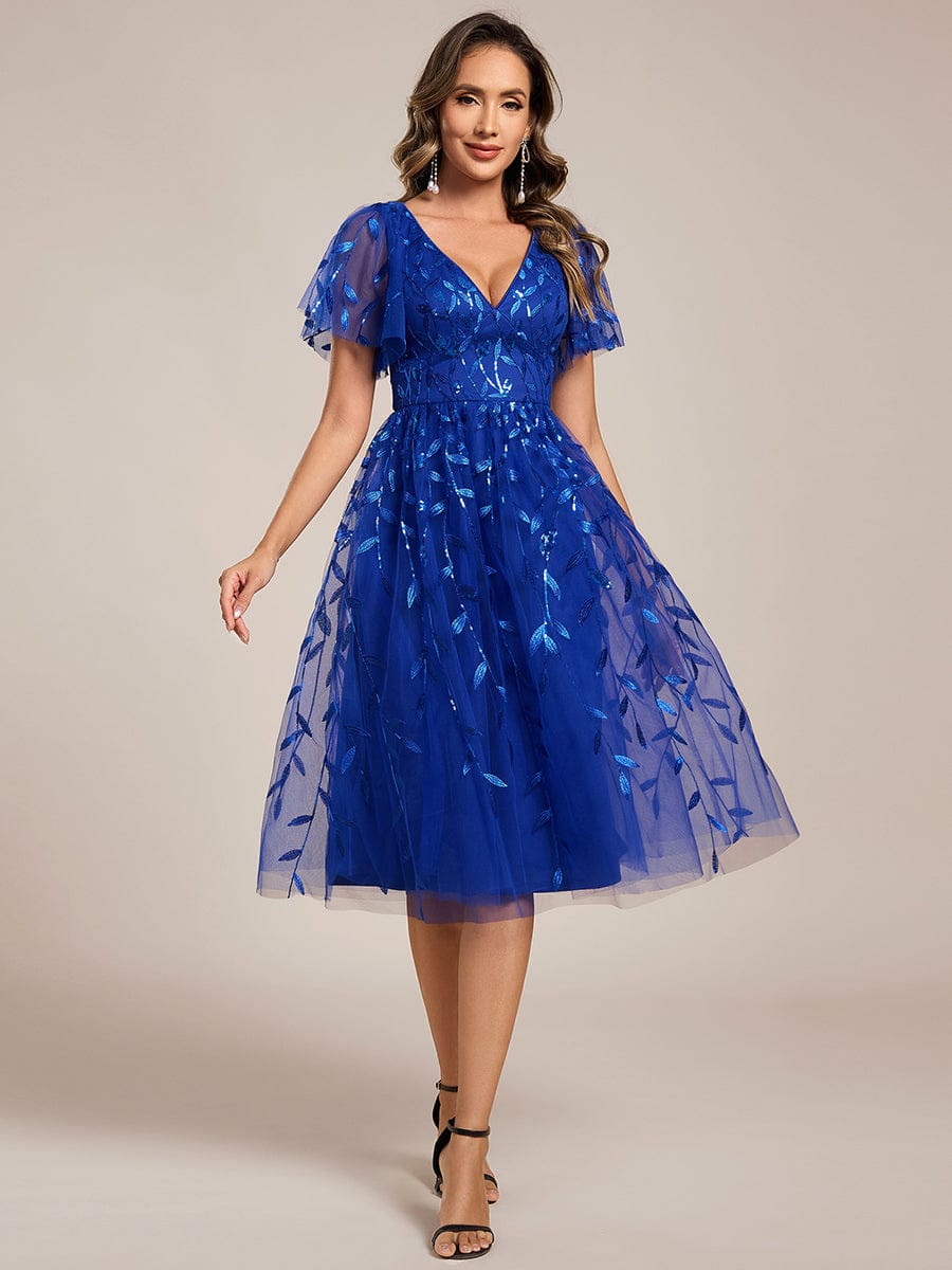 Leaf Sequin Short Sleeve Tulle Midi Wedding Guest Dress #color_Sapphire Blue