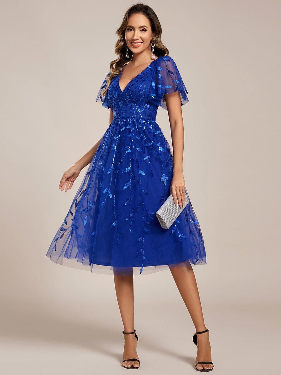 Leaf Sequin Short Sleeve Tulle Midi Wedding Guest Dress #color_Sapphire Blue