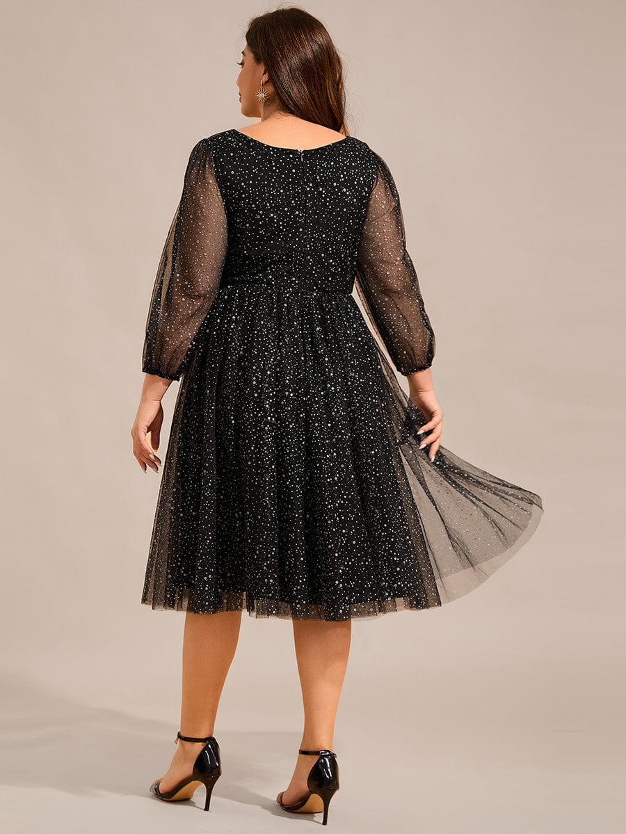 Glittery Faux Wrap Midi Wedding Guest Dress With Long Sleeves #color_Black