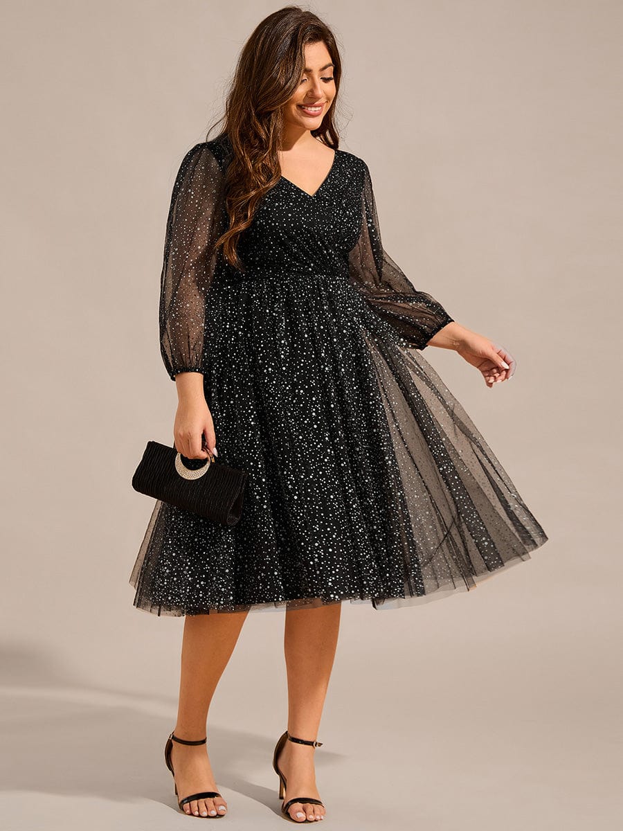 Glittery Faux Wrap Midi Wedding Guest Dress With Long Sleeves #color_Black