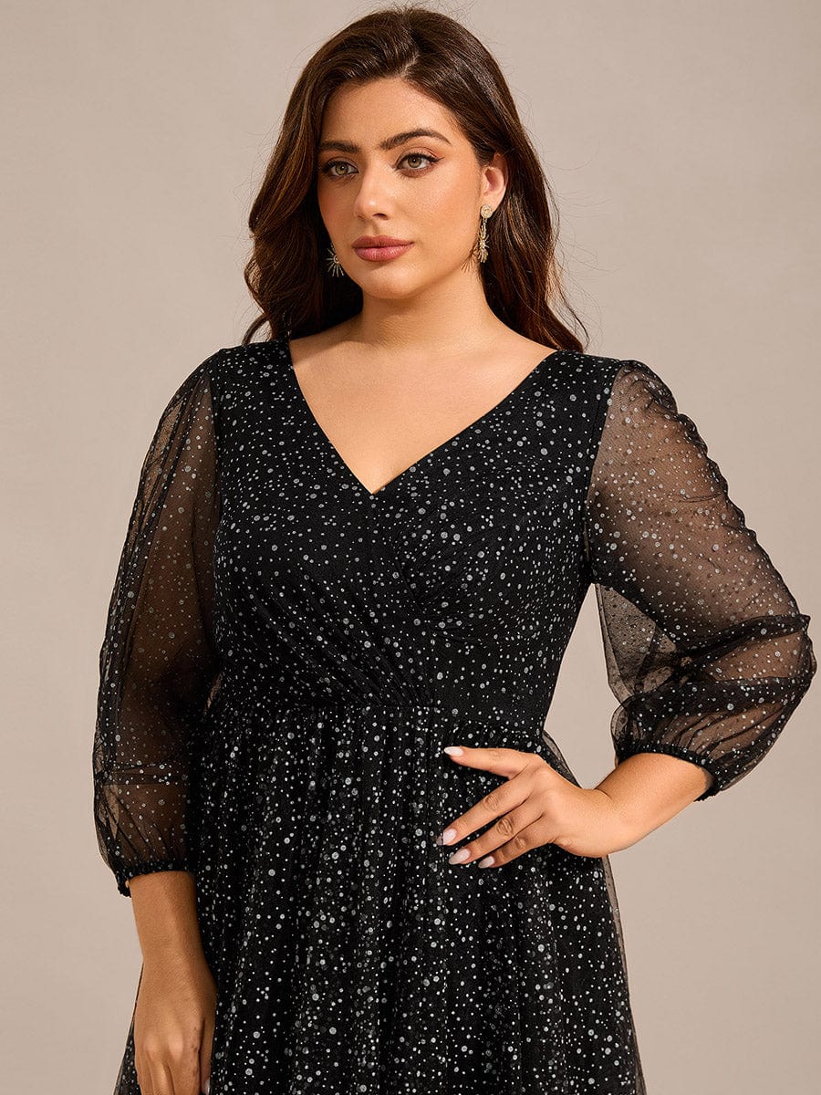 Glittery Faux Wrap Midi Wedding Guest Dress With Long Sleeves #color_Black