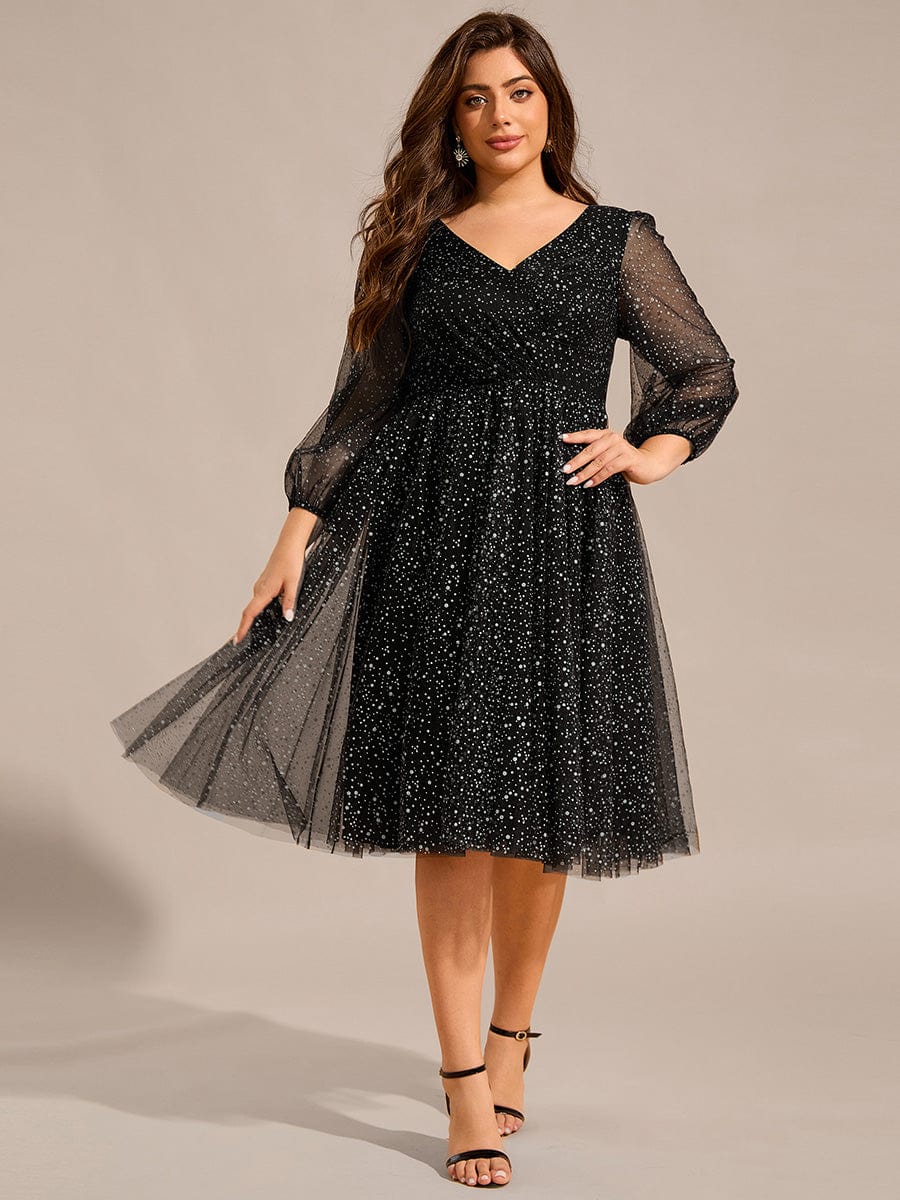 Glittery Faux Wrap Midi Wedding Guest Dress With Long Sleeves #color_Black