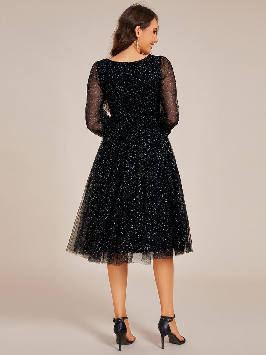 Glittery Faux Wrap Midi Wedding Guest Dress With Long Sleeves #color_Black