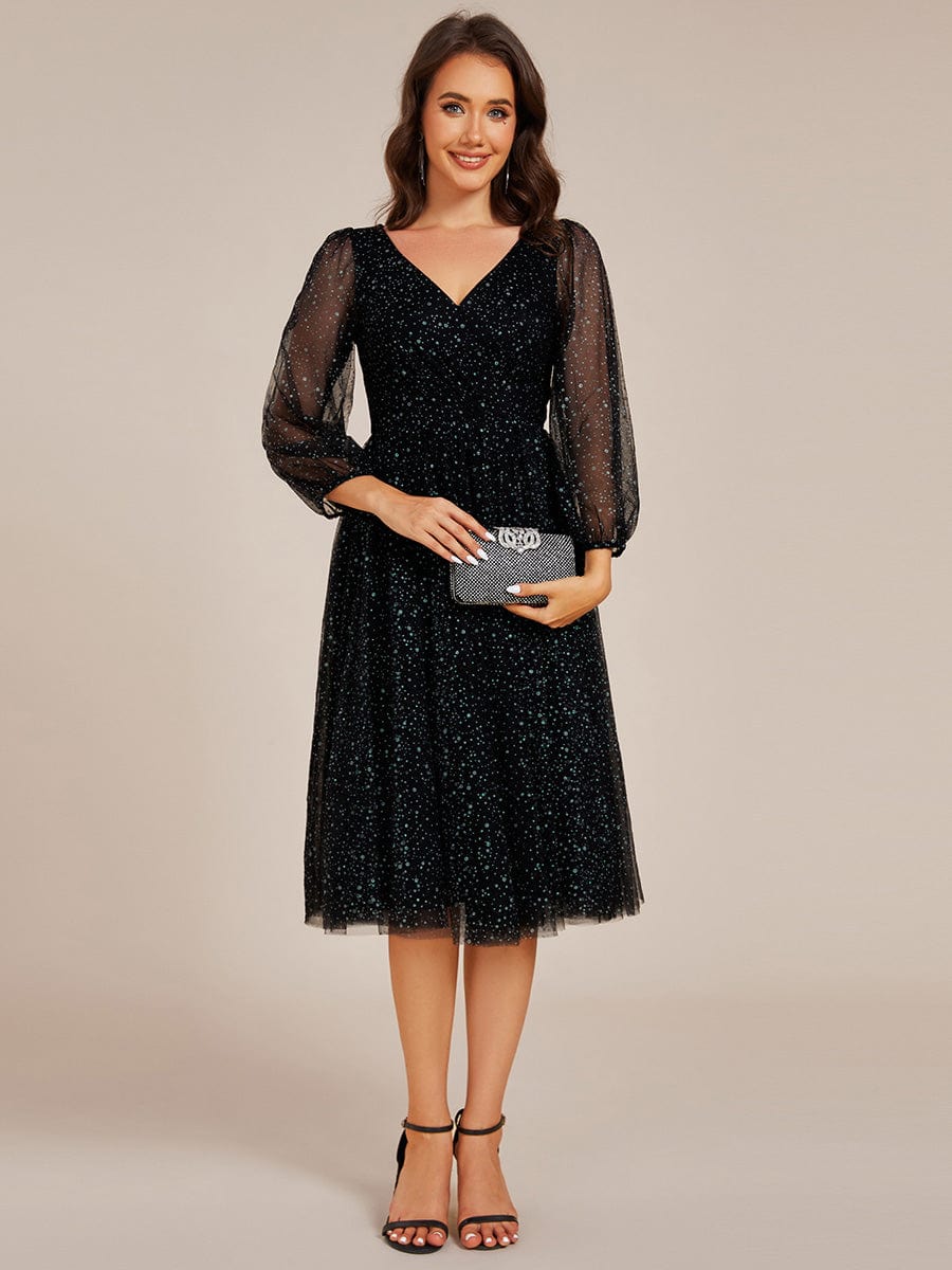 Glittery Faux Wrap Midi Wedding Guest Dress With Long Sleeves #color_Black