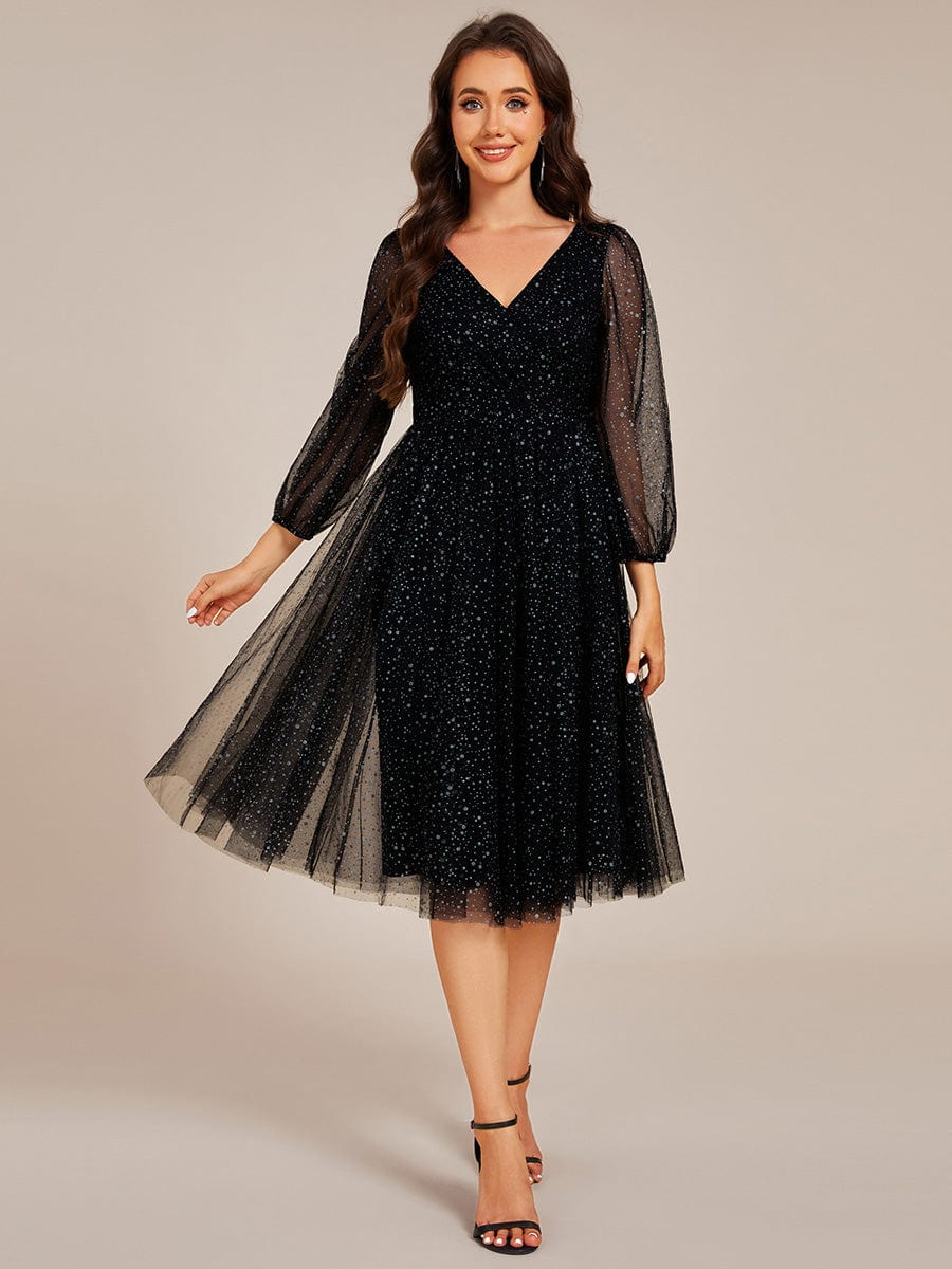 Glittery Faux Wrap Midi Wedding Guest Dress With Long Sleeves #color_Black