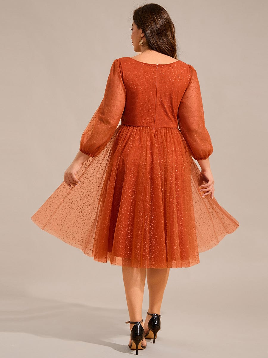 Glittery Faux Wrap Midi Wedding Guest Dress With Long Sleeves #color_Burnt Orange