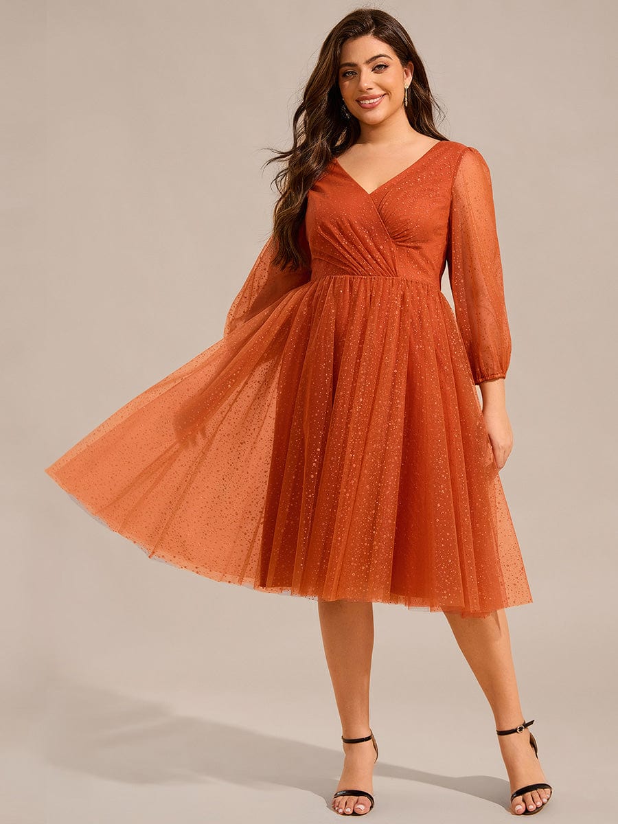 Glittery Faux Wrap Midi Wedding Guest Dress With Long Sleeves #color_Burnt Orange