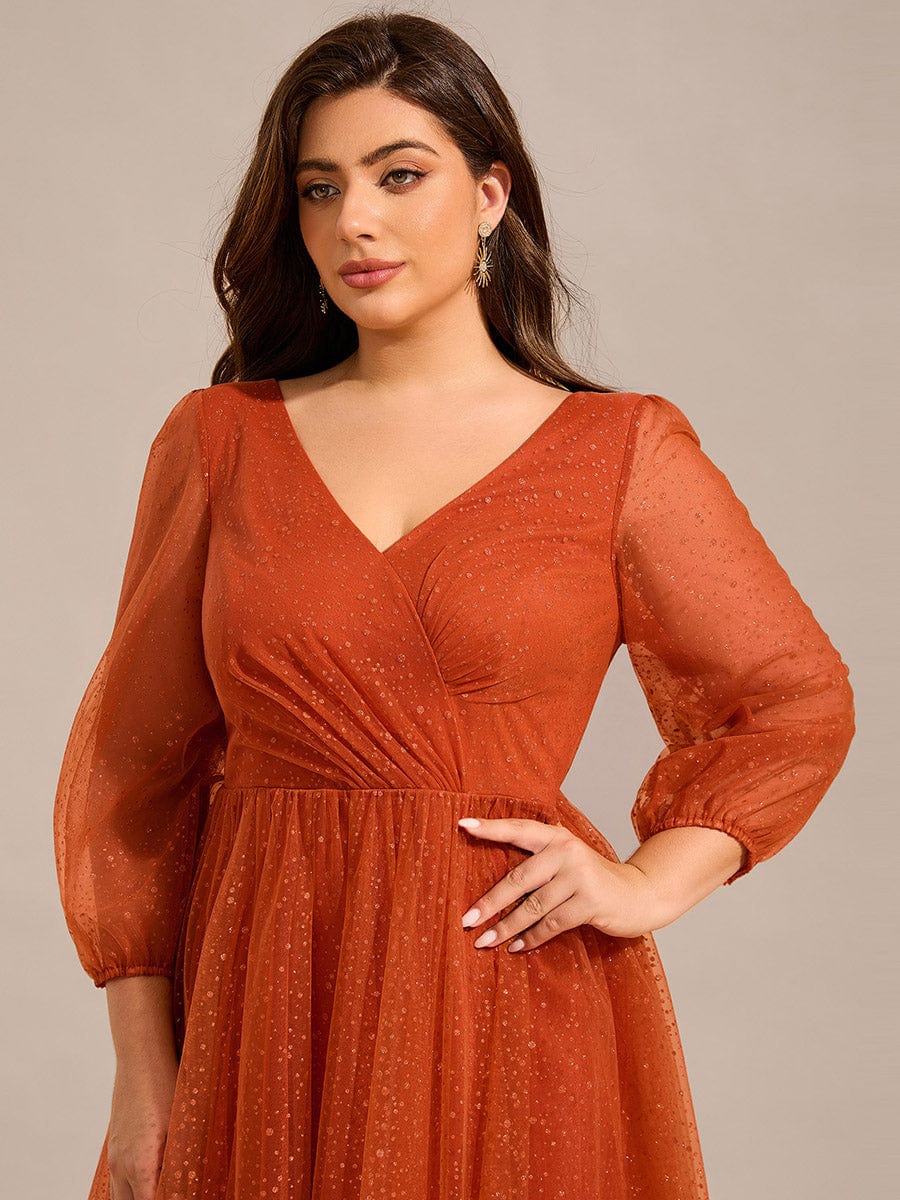 Glittery Faux Wrap Midi Wedding Guest Dress With Long Sleeves #color_Burnt Orange