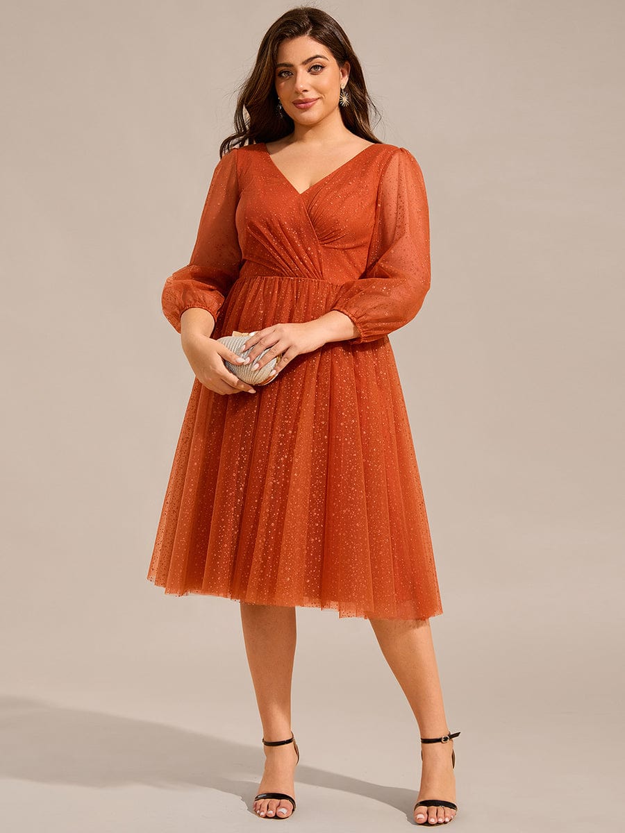 Glittery Faux Wrap Midi Wedding Guest Dress With Long Sleeves #color_Burnt Orange