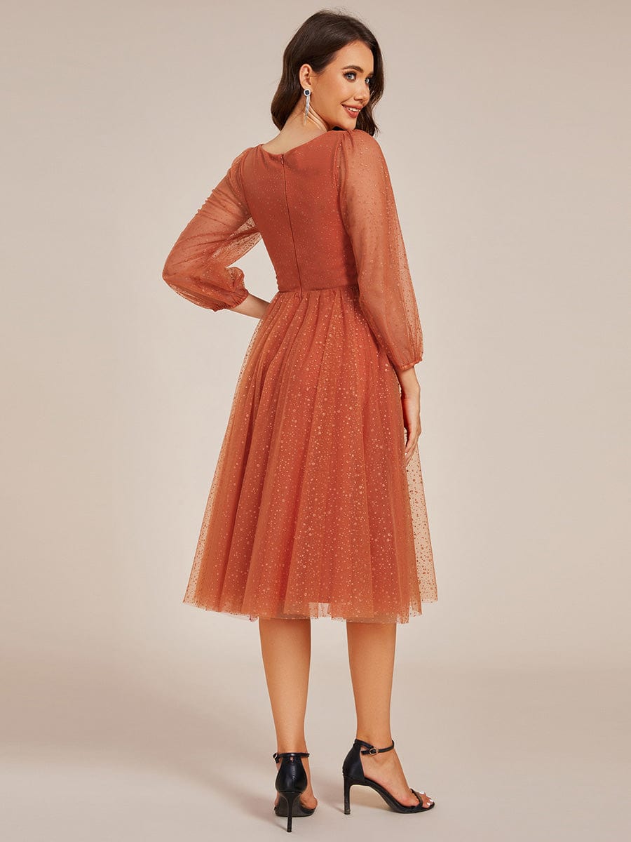 Glittery Faux Wrap Midi Wedding Guest Dress With Long Sleeves #color_Burnt Orange