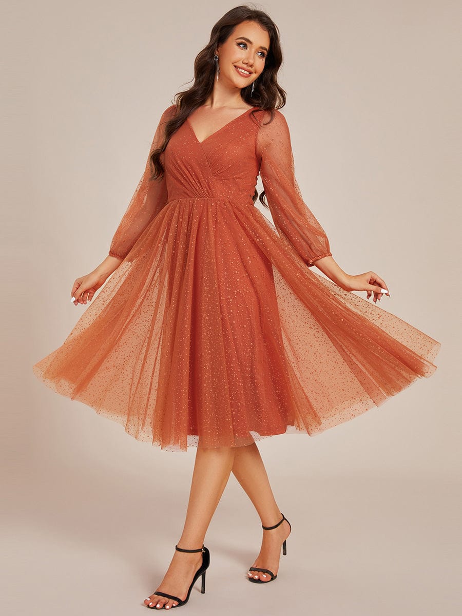 Glittery Faux Wrap Midi Wedding Guest Dress With Long Sleeves #color_Burnt Orange