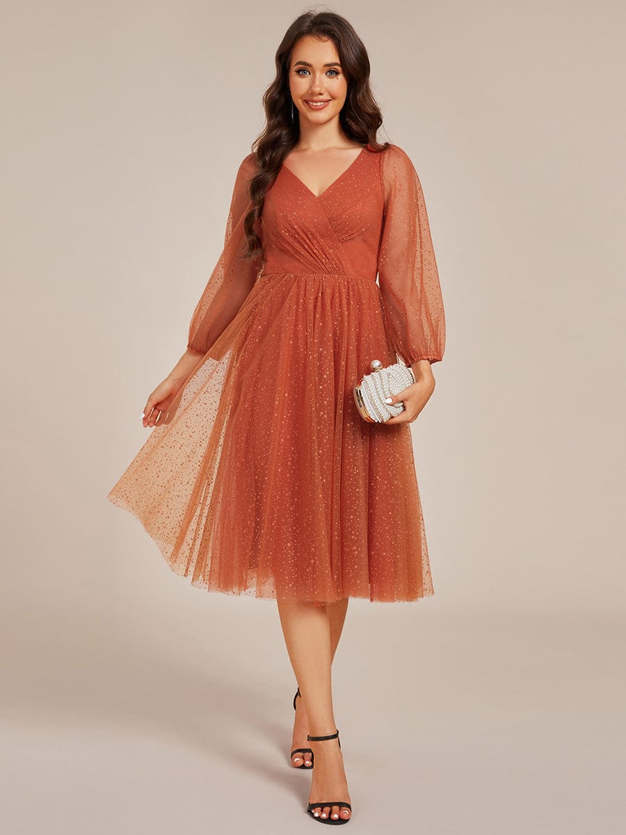 Glittery Faux Wrap Midi Wedding Guest Dress With Long Sleeves #color_Burnt Orange