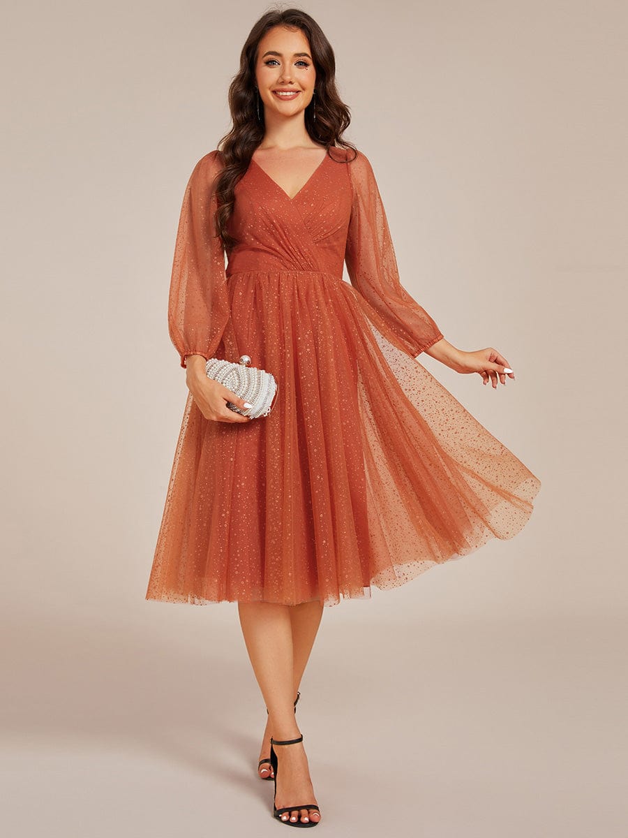 Glittery Faux Wrap Midi Wedding Guest Dress With Long Sleeves #color_Burnt Orange