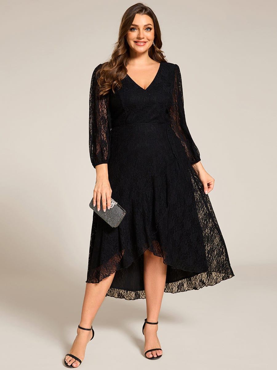 Romantic Long Sleeve High-Low Lace Wedding Guest Dress with Ruffle Details #color_Black