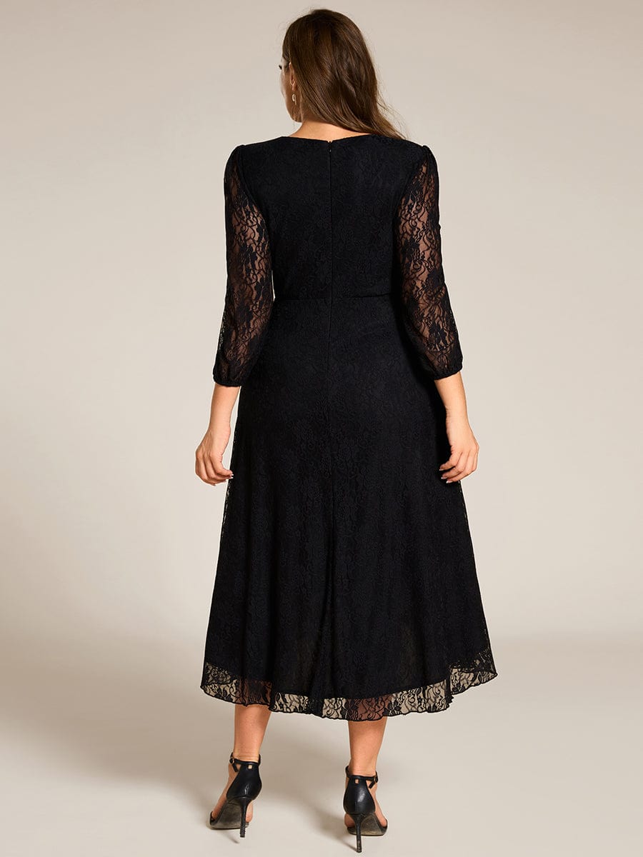 Romantic Long Sleeve High-Low Lace Wedding Guest Dress with Ruffle Details #color_Black