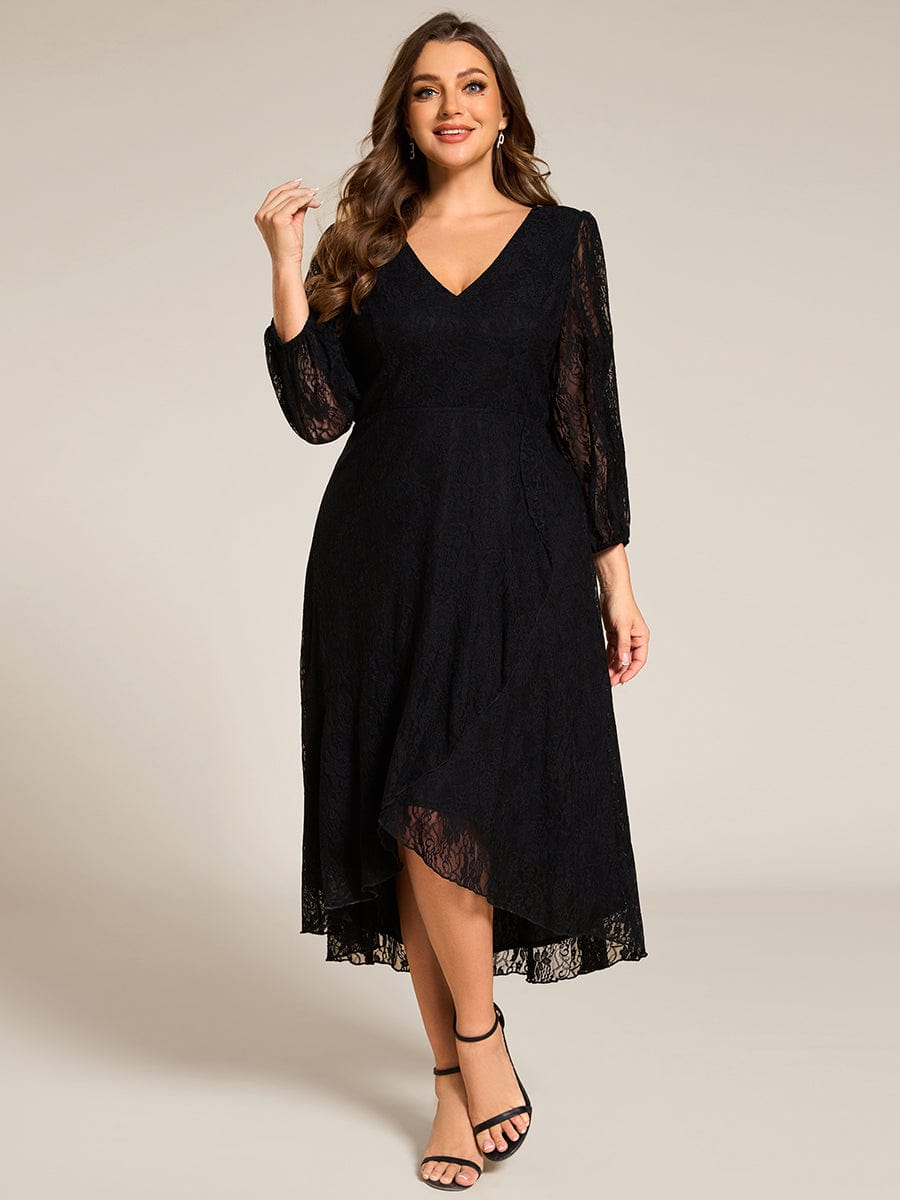 Romantic Long Sleeve High-Low Lace Wedding Guest Dress with Ruffle Details #color_Black