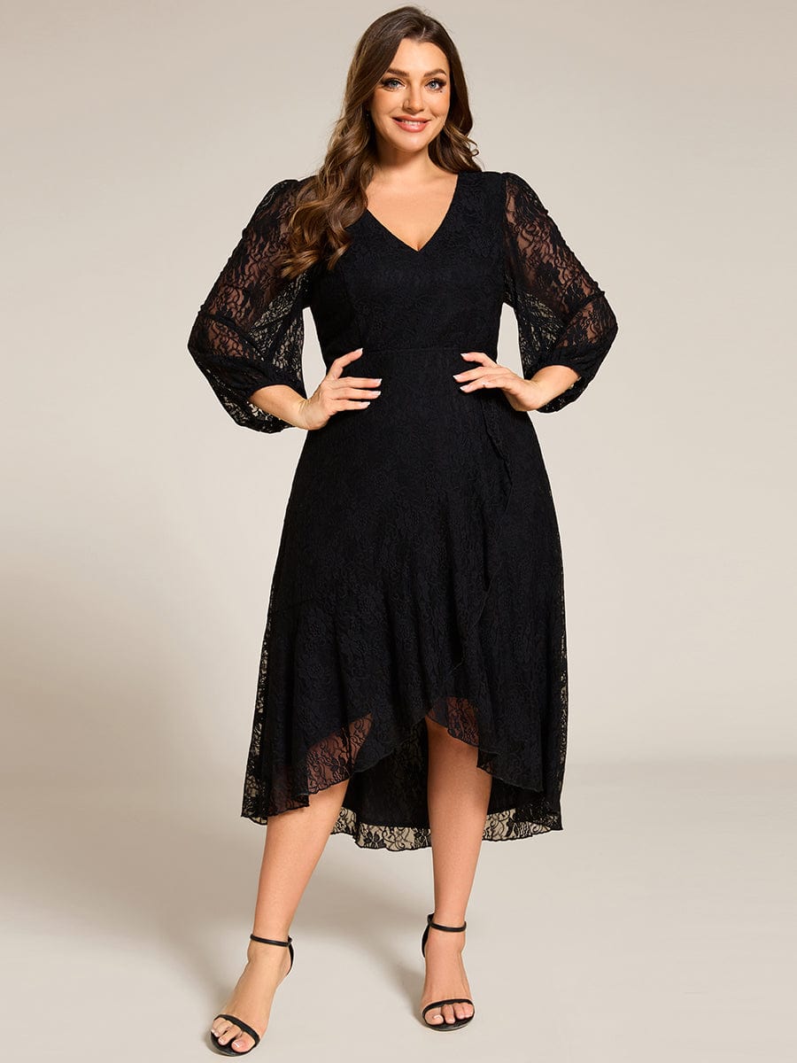 Romantic Long Sleeve High-Low Lace Wedding Guest Dress with Ruffle Details #color_Black