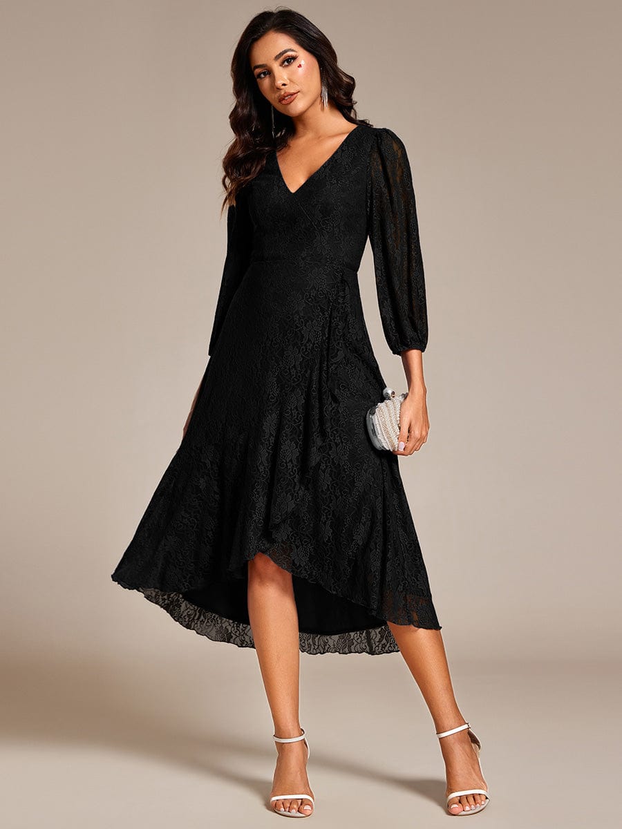 Romantic Long Sleeve High-Low Lace Wedding Guest Dress with Ruffle Details #color_Black