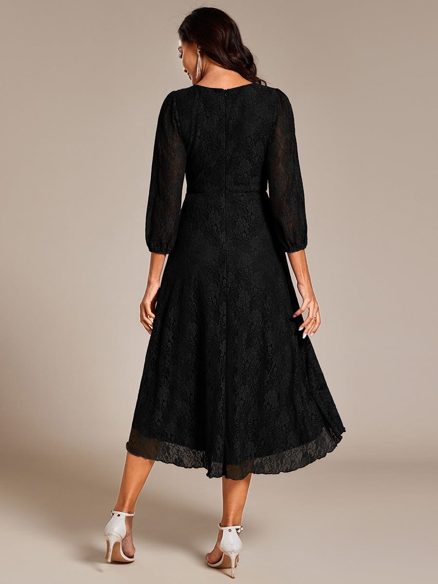 Romantic Long Sleeve High-Low Lace Wedding Guest Dress with Ruffle Details #color_Black