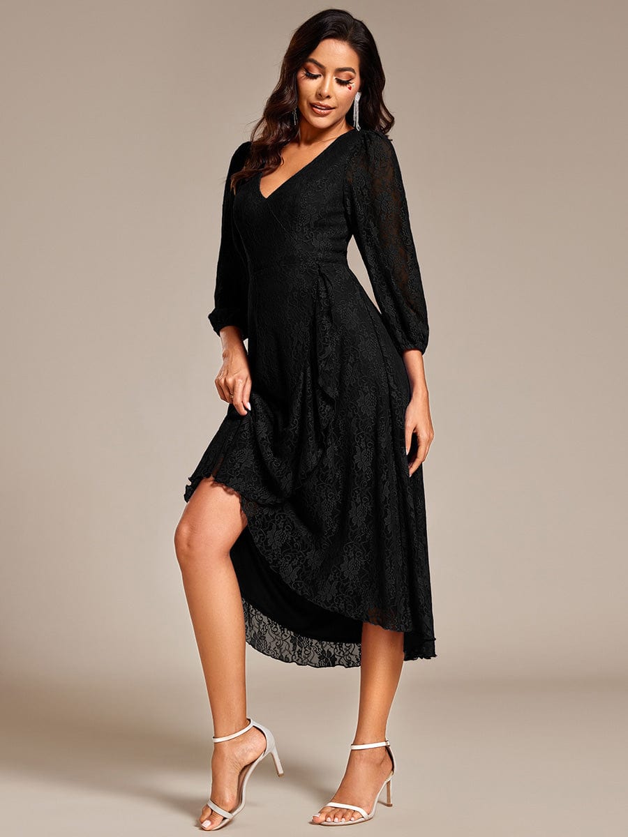 Romantic Long Sleeve High-Low Lace Wedding Guest Dress with Ruffle Details #color_Black