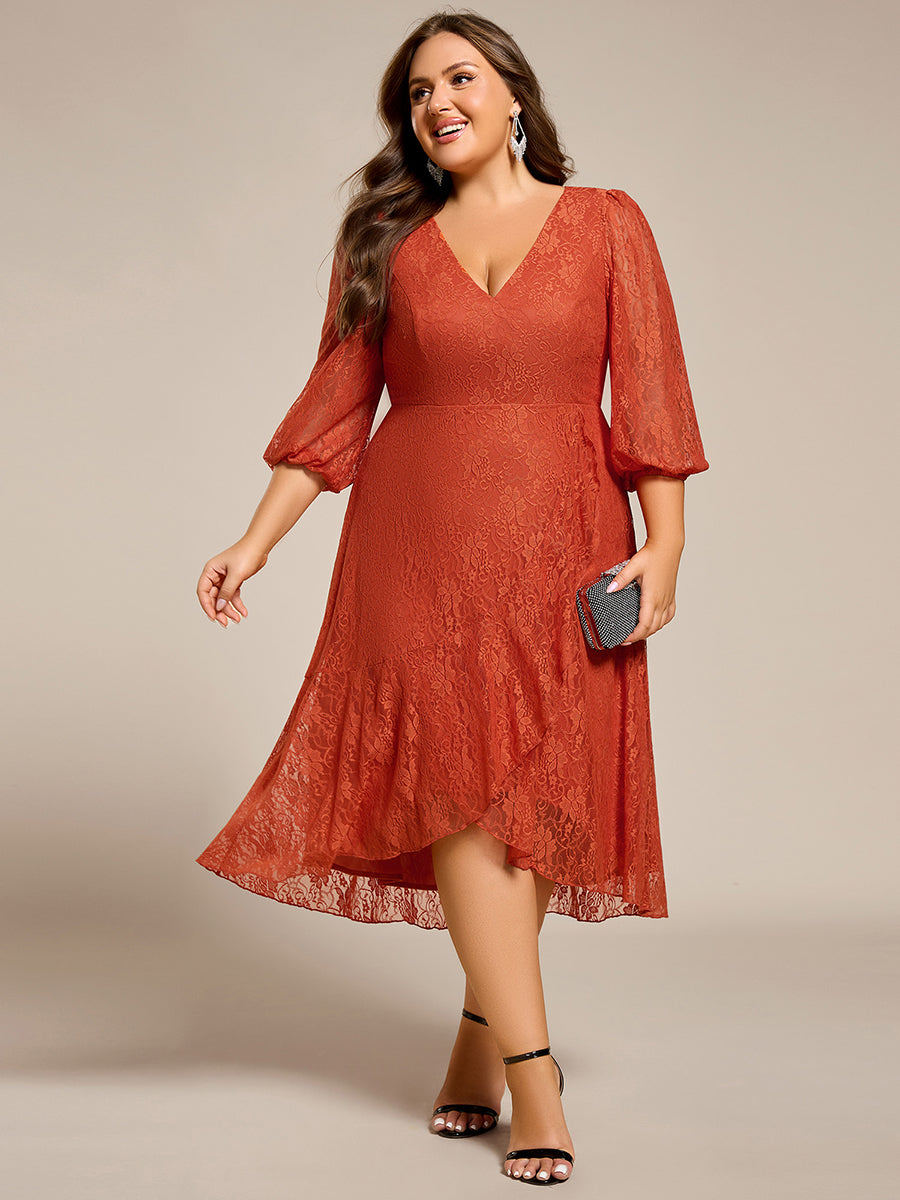 Romantic Long Sleeve High-Low Lace Wedding Guest Dress with Ruffle Details #color_Burnt Orange