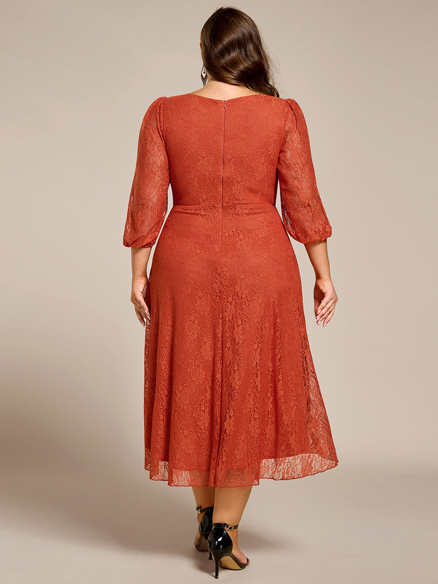 Romantic Long Sleeve High-Low Lace Wedding Guest Dress with Ruffle Details #color_Burnt Orange