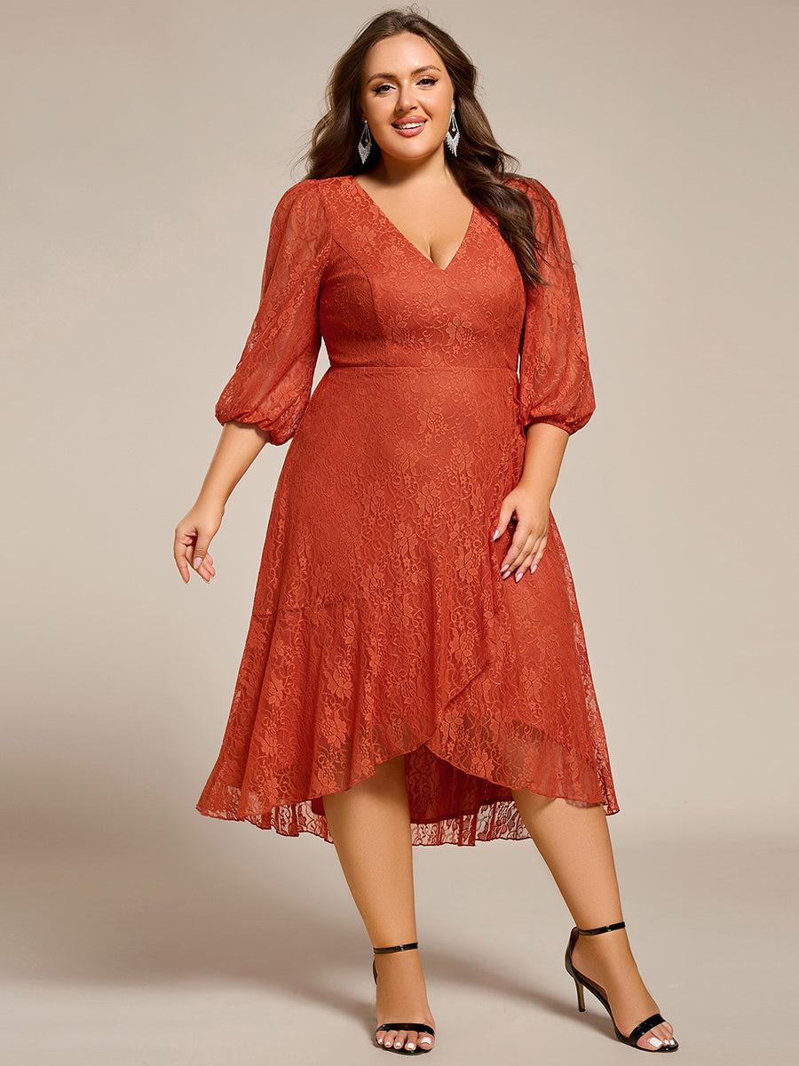 Romantic Long Sleeve High-Low Lace Wedding Guest Dress with Ruffle Details #color_Burnt Orange